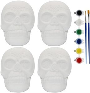 Creative Hobbies 4 Pack of Ready to Paint Ceramic Bisque Sugar Skull Shape Figurines - Includes Paint, Brushes and How to Guide | Sugar Skull