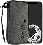 kwmobile Felt Phone Pouch Size XL - 6.7/6.8" - Zippered Universal Bag with Zipper and Embroidered Design - Smile Heart Black/Grey