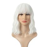 Leeven White Short Bob Wigs with Air Bangs for Women Loose Wavy Wig Curly Wavy Shoulder Length Synthetic Cosplay Wig for Girl Heat Resistant Hair Wigs for Daily Party Wig 12 Inch