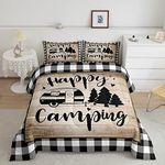 Black Grid Bedding Set King Size for Kids Teens Adults RV Decor,Happy Camping Trailer Comforter Set 3pcs,Brown Rustic Farmhouse Barn Quilt Set Camper Car Duvet Insert with 2 Pillowcases,Vintage