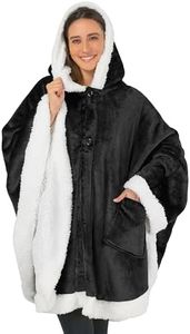 PAVILIA Sherpa Fleece Wearable Blanket for Adult Women, Cozy Plush Blanket Poncho Cape with Hood, Super Soft Shawl, Angel Wrap Throw for Office, Black