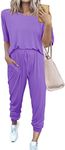 PRETTYGARDEN Women's Two Piece Outfit Short Sleeve Pullover with Drawstring Long Pants Tracksuit Jogger Set (Light Purple,Large)