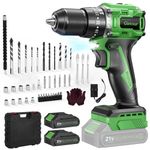 Ginour 21V Brushless Cordless Combi Drill Set, 2x2.0Ah, Hammer Drill 50Nm, compatible with Makita 18V Battery, 23+3 Torque, 2 Speed, 48PCS Electric Screwdriver kit, Impact drill for Masonry Wood Metal