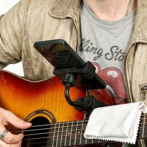 Guitar Phone Holder Mount with Bonus Cleaning Cloth for Acoustic Guitars & Ukuleles (Fits 6-10.5cm Thickness) – Anti-Shake Curved Arm & 360° Rotatable Head – Ideal for Recording, Live Streaming