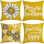 CJWLKJ Farmhouse Throw Pillow Covers 18x18 Set of 4, Spring Summer Pillow Cases Flower Letters Decorations Vase Sunshine Linen Cushion Case Gifts for Couch Sofa Bed Home Decor (Yellow)