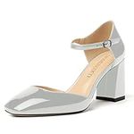 MODENCOCO Women's Ankle Strap Buckle Solid Square Toe Patent Block High Heel Pumps Shoes 3 Inch, Grey, 10