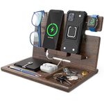 Wood 2 Cell Phone Stand Smartwatch Wallet Holder. Man Cave Multiple Gadget Dock Mobile Accessory Organizer. Nightstand Tablet Charging Docking Station. Wooden Desk Storage. Bed Side Dresser Valet Tray