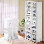 YITAHOME Shoe Storage Organizer, Foldable Shoe Box with Doors, 20 Grid Stackable Transparent Shoe Cabinet Installation-Free for Hallway, Living Room, Closet (White)