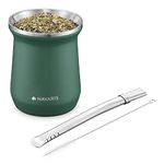 Navaris Yerba Mate Cup - 300ml Double Walled Stainless Steel Mate Tea Set with Gourd Cup Mug and Bombilla Straw and Brush for Mate Drink - Green