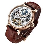 IK COLOURING Bestn Men's Luxury Skeleton Automatic Mechanical Leather Moon Phrase Luminous Hands Self-Wind Analog Wrist Watch (Brown)