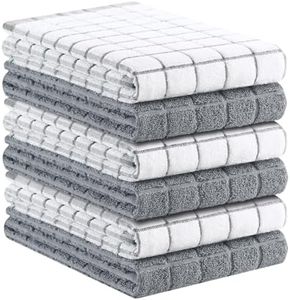 Kitinjoy Premium Kitchen Towels (16"x 28", 6 Pack), Large 100% Cotton Terry 390 GSM Kitchen Hand Towels, Ultra Absorbent Check Design Tea Towels Set with Hanging Loop, Grey