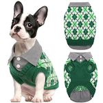 Kuoser Plaid Dog Sweater Warm Clothes, Patchwork Design Pet Dog Knitwear Classic Pullover Puppy Coat Cold Weather Sweatshirts with Leash Hole for Small Medium Cats Dogs (L, Green)