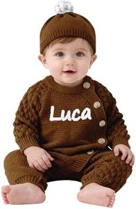 RESOOYO Personalized Newborn Sweater Romper,Baby Boy Girl Knitted Outfits,Infant Winter Suit,Personalized Baby Gifts-Brown-12-18M