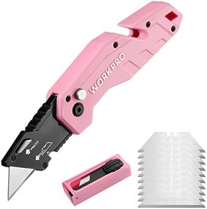 WORKPRO Folding Utility Knife, Quick Change Box Cutter, Pink Razor Knife for Cartons, Cardboard, Boxes, 10 Extra Blades Included - Pink Ribbon