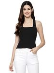 Kalt Womens Knitted, Ribbed Cotton Fitted Sleeveless Square Neck Cami Tank Top for Women Stylish(Black;Large)