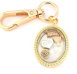 PAW Memory Locket. Paw Print, White Heart, Angel, Love, Rose Flower Floating Charms inside Gold colour Oval Locket. Keyring Keychain