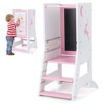 GYMAX Kids Step Stool, Wooden Kitchen Toddler Helper Stand with Adjustable Height, Chalkboard & Whiteboard, Baby Tower Lightweight Stepladder (Pink+White)