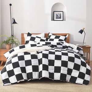 Andency Black White Plaid Comforter King(104x90Inch), 3 Pieces (1 Plaid Comforter and 2 Pillowcases) Black White Checkerboard Comforter Set, Lightweight Microfiber Geometric Bedding Comforter Set