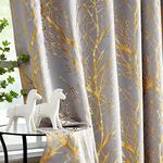 Fmfunctex Grey Blackout Curtains for Living Room 90 inch Drop Eyelet Curtains for Bedroom Tree Branch Gold Foil Thermal Insulated Window Curtain Panels for Nursery 2 Panels