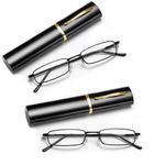 2 Pairs Slim Pocket Reading Glasses, Blue Light Blocking Metal Frame Spring Hinge Mini Compact Skinny Rectangle Lightweight Unisex Magnifying Eyewear with Portable Pen Clip Case (Black, 2, Dioptres)