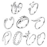 KUUQA 9Pcs Silver Open Rings Set Knot Adjustable Finger Ring Joint Ring Toe Ring Beach Jewelry Gifts for Women