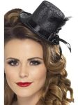 Smiffys Mini Tophat, Black with Black Ribbon and Feather, 1920's Razzle Fancy Dress, 1920s Dress Up Hats