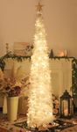 SINTENILL 6 FT Pop Up Christmas Tree with 100 LED Timer Lights, White Tinsel Christmas Tree, Collapsible Artificial Pencil Christmas Tree Pull Up Tree Holiday Decor for Indoor Home, Office, Party