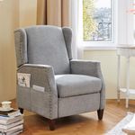COLAMY Wingback Pushback Recliner Chair with Storage Pocket, Upholstered Fabric Living Room Chair Armchair, Single Reclining Sofa with Wood Legs and Nailhead Trim for Home/Bedroom, Light Grey