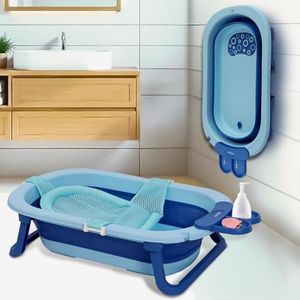 Infantso Premium Baby Bath Tub for 0 to 5 Years with Support Bath Net & Soap Tray | Foldable Bathtub for Baby, Newborn Baby Folding Bath Tub, Kids Bathing Tub, Mini Swimming Pool, Drain Plug, Portable Bathtub for Boy & Girl