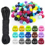 Sheryl&Rain 100Pcs Plastic Cord Locks, 3mm*4m Black Elastic Cord, 5 Styles Spring Toggle Stoppers Fastener Slider with Elastic Drawstring for Shoelaces Clothing Backpack (100|Multicolor)