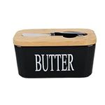 World Techno Ceramic Butter Dish with Wooden Lid - Covered Butter Keeper with Butter Knife, Airtight Butter Container with Cover Perfect for 2 Sticks of Butter West or East Coast Butter (Black)