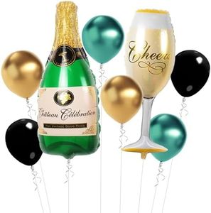 Rozi Decoration Champagne Bottle Cheers Glass & Chrome Balloon Combo Kit for Birthday Decoration Wedding Anniversary, Graduation Party Decors, Retirement, Achievement Party Decor Pack of 8