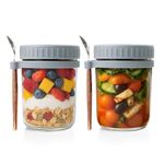 Amazon Brand - Solimo Glass Mason Jars with Lids & Spoons | 350ml | For Overnight Oats | Leakproof | Wide-Mouth | Durable & Portable | Set of 2 (Grey)