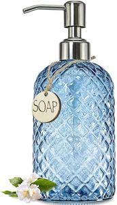 JASAI 18Oz Gem Patterned Glass Soap Dispenser for Kitchen, Refillable Hand Soap Dispenser with Rust Proof Stainless Steel Pump, Clear Soap Dispenser Bathroom for Dish Soap, Hand soap, Lotion(Blue)