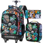 3PCS Rolling Backpack for Men, 21 Inch Water Resistant Dinosaur Backpacks with Roller Wheels, Wheeled Bookbag for Teens Boys Elementary School Travel