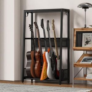 EmberGlow Multi Guitar Stand with Top Wood Display Shelf, 27.8lbs Heavy Duty Guitar Rack Floor Holder (1.2mm Thick Tubes), Patented Anti-Collision Mesh, Premium Instrument Accessories for Home Music Studio, Brown