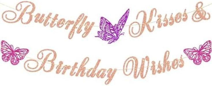 Ushinemi Glitter Butterfly Birthday Decorations Rose Gold Butterfly Kisses and Birthday Wishes Banner for Girl, Butterfly Themed Birthday Party Supplies