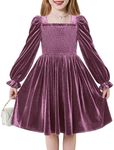 Arshiner Little Girls Velvet Dress Toddler Smocked Puff Long Sleeve Fuchsia Easter Party Dresses with Pockets 6-7 Y