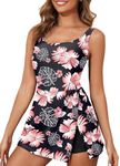 Aleumdr One Piece Swimdress Swimsuit for Women Tummy Control Split Swim Dress Skirt Bathing Suit with Pockets Floral Black Medium