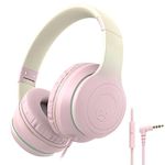 Rockpapa On-Ear Headphones with Microphone, Folding Stereo Bass Headphones with 4.9Ft No-Tangle Cord, Portable Wired Headphones for Kids Teens Travel School Smartphone Tablet (Pink)