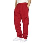 Men's Heavyweight Fleece Cargo Sweatpants Casual Cotton Joggers Drawstring Loose Fit Joggers with Pockets, Red, Large