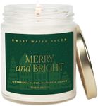 Sweet Water Decor Merry and Bright Christmas Scented Candles - Christmas Stocking Stuffers Soy Candles with Nutmeg Scent - Christmas Candles with 40 Hours Burn Time - 9Oz Gold Lid Clear Jar Candles