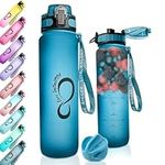 Live Infinitely 34 oz Gym Water Bottle with Time Marker - Fruit Infuser Screen BPA Free 1 Liter Water Bottle - Locking Flip Top Lid & Durable Travel Bottle Coating (Ocean 34oz)