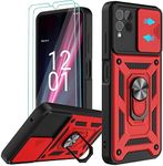 AKINIK for REVVL 6 Pro 5G Case with Slide Camera Cover and 2pcs HD Screen Protector, 360° Rotation Ring Kickstand [Military Grade] Case for T-Mobile REVVL 6 Pro 5G (Red)