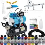 Master Airbrush Multi-Purpose Air Brush Kit with Air Compressor - G444 Airbrush, TC-326T Dual Fan Tank Compressor, 3 Needle Nozzle Tips, 12 Createx Wicked Acrylic Paints and Airbrush Cleaning Kit