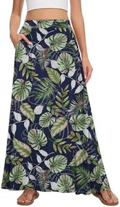 Leafsay Womens Maxi A-line Long Summer Skirt Elastic High Waist Flowy Skirt with Pockets(Navy Tropical Leaf,L)