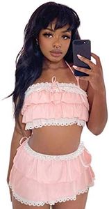 YOMORIO Womens Kawaii Swimsuit Japanese Ruffle Bikini Swimsuit Anime Cute Cat Cosplay Lingerie Costume (Pink)
