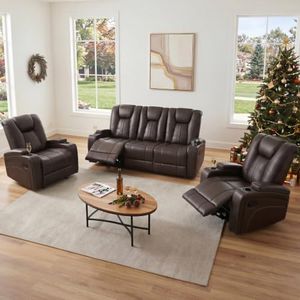 SLAHGADG Home Theater Seating - 3 Seat Manual Recliner Sofa, Recliner Couch with Flip Headrest, Cup Holders & Hidden Storage, Adjustable Backrest, Reading Light, 3+1+1