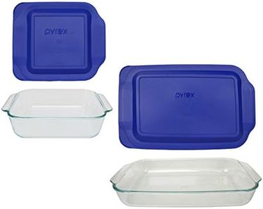 Pyrex Bundle - 4 Items: (1) 222 2qt Glass dish with (1) 222-PC 2qt Blue Lid & (1) 233 3qt Glass Dish with (1) 233-PC 3qt Blue Lid Made in the USA