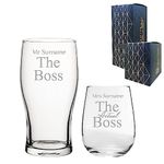 Personalised Engraved His and Hers Beer and Stemless Wine Glass Set, Wedding or Anniversary, The Boss and The Real Boss Design, Gift Boxed, Engraved in The UK